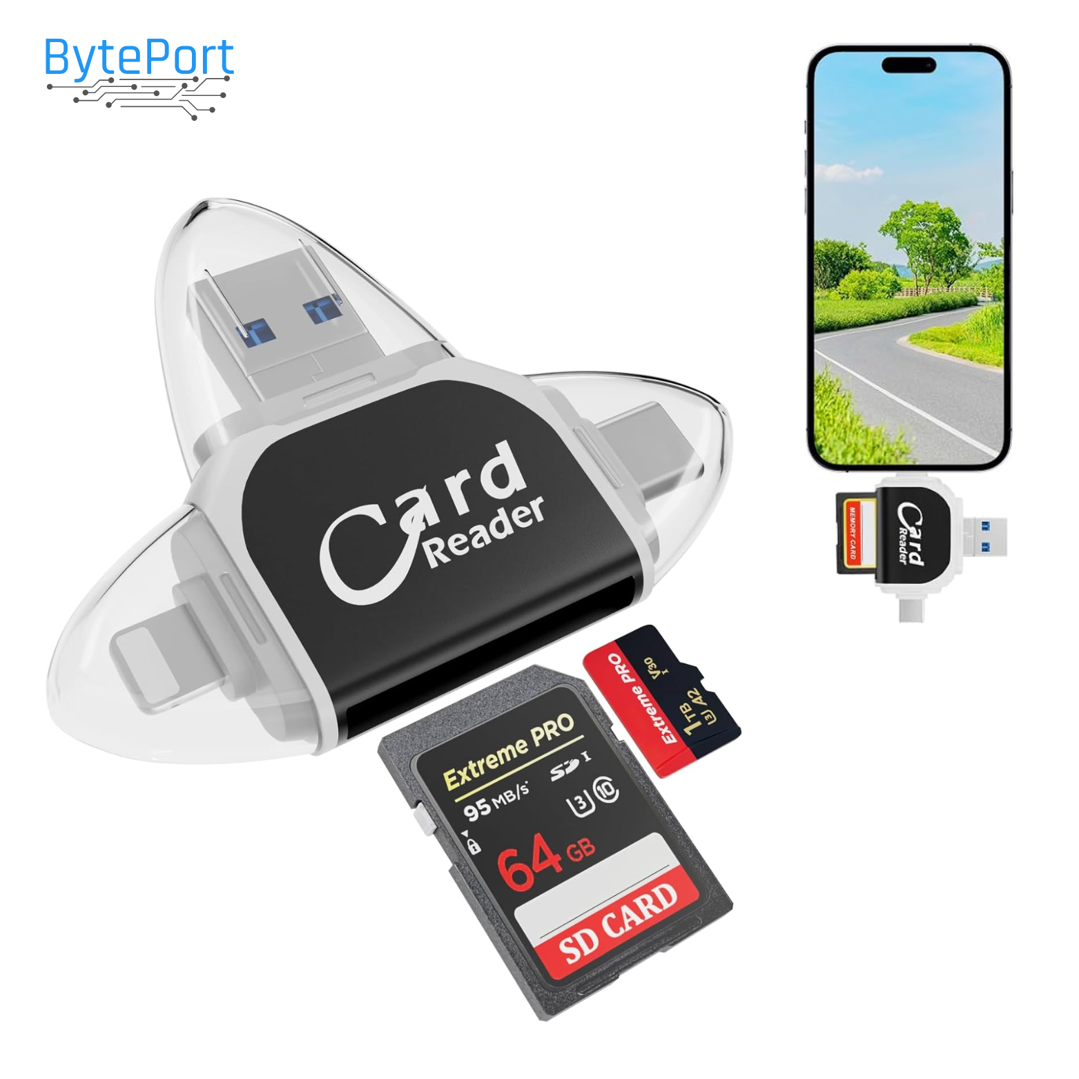 BytePort™ – 4-in-1 SD Card Reader | USB-C & USB 3.0