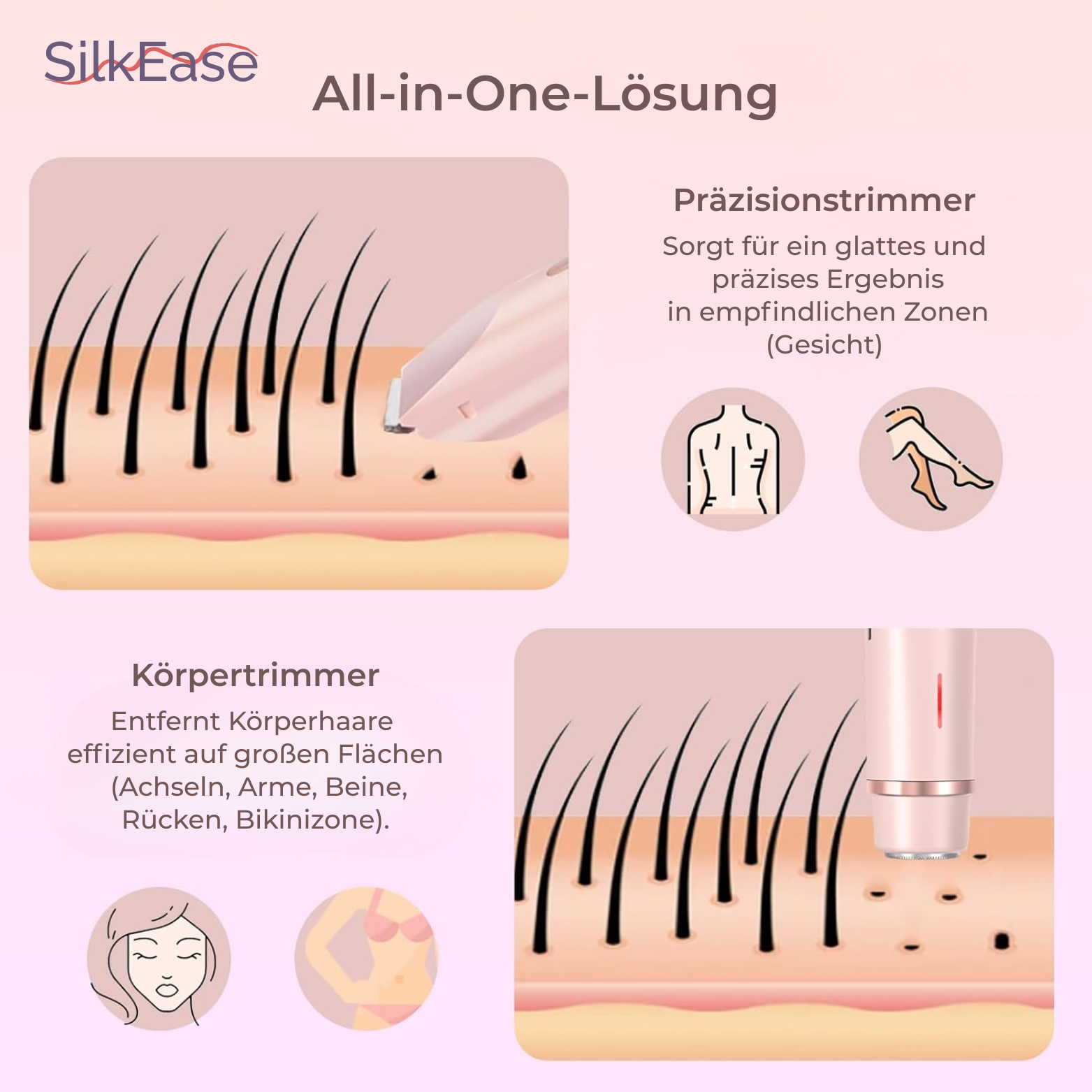 SilkEase 2-in-1 Damenrasierer – Gesicht, Bikinizone & Körper